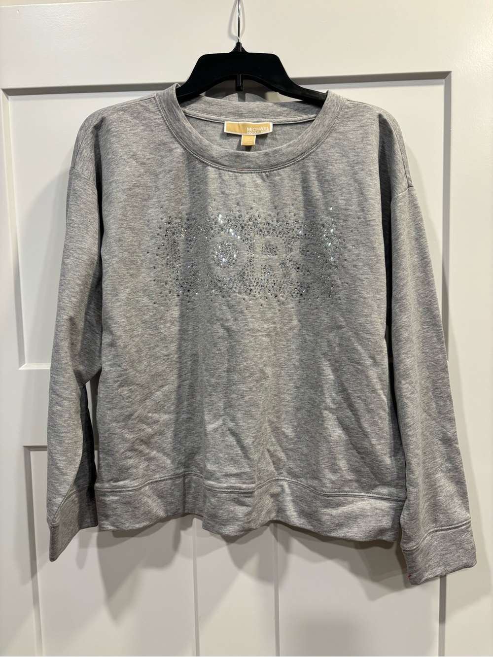 Michael Kors NWT Pearl Heather Grey Sweater Top w/ Rhinestone Logo Design Size M